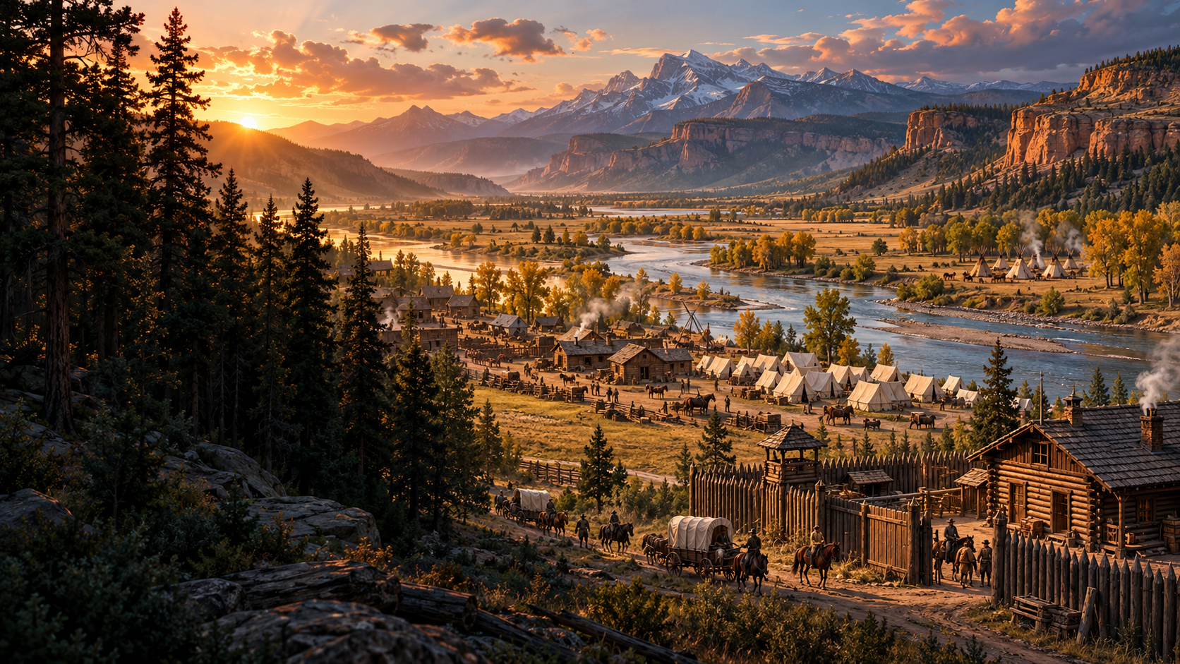 A painted frontier valley, timber settlement and army camp beside a river