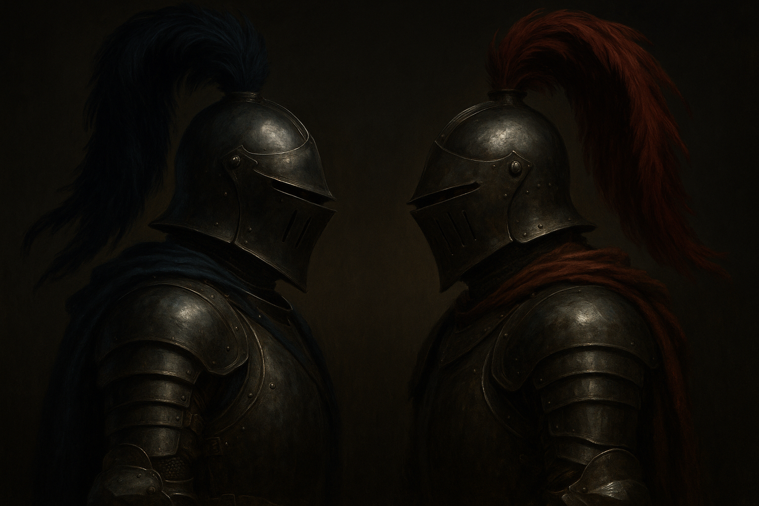 Two realistic knights – blue and red – stare each other down